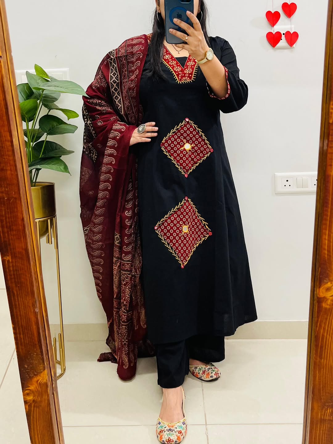 Black Embroidered Kurti Set with Maroon Ajrakh Dupatta