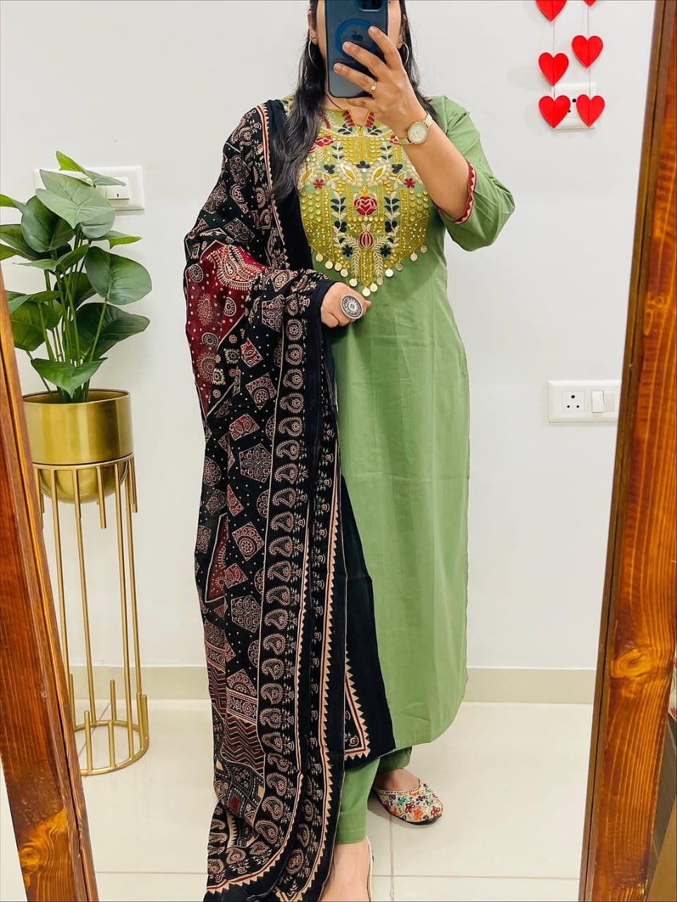 Elegant Green Embroidered Kurta Set with Premium Ajrakh Dupatta