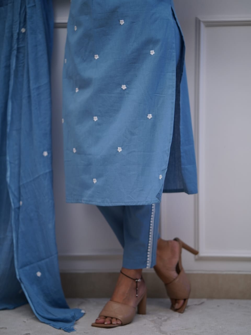 Sky Blue Grace – Premium Hand-Embroidered Kurti Set