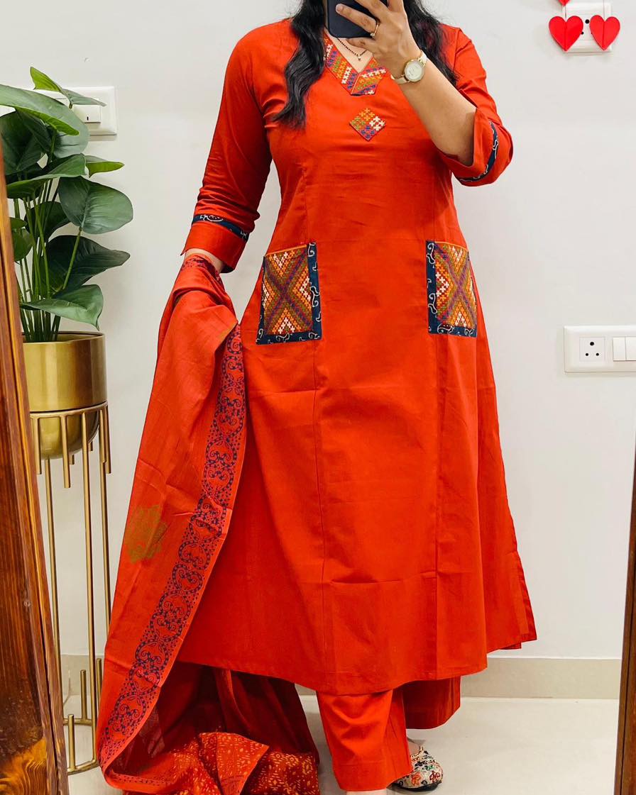 Rust Orange Ethnic Kurta Set with Printed Dupatta