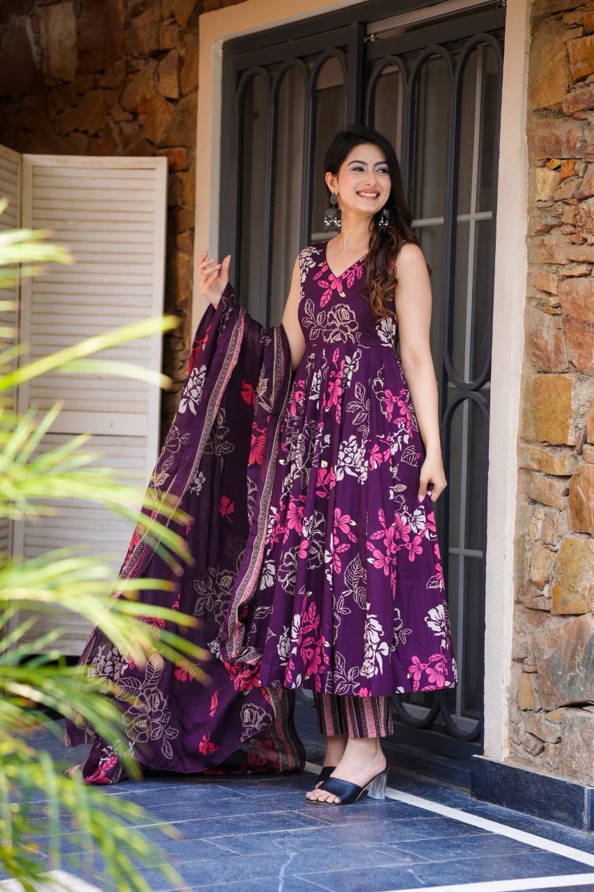 Elegant Purple Floral Anarkali Set with Printed Dupatta