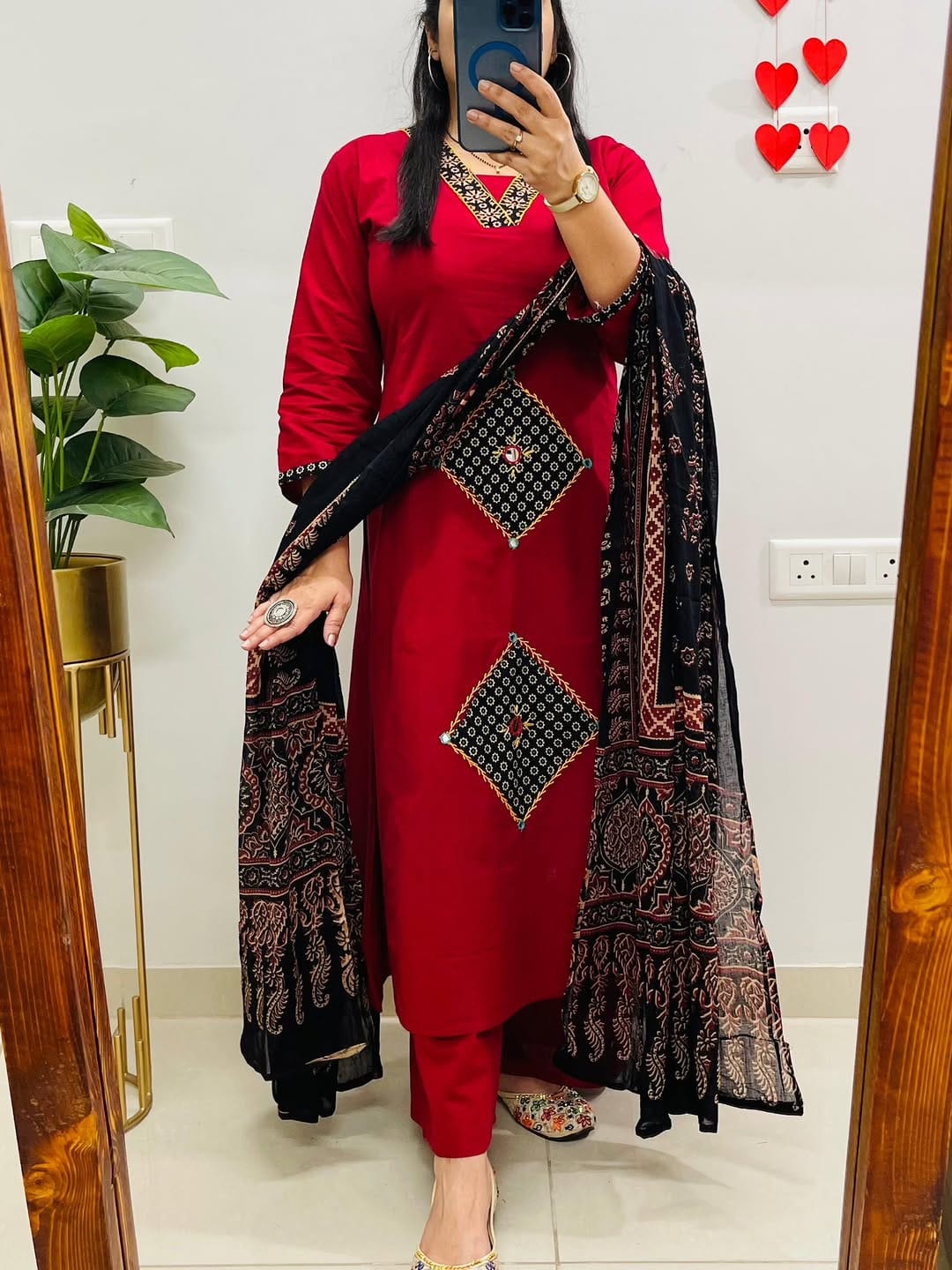 Red Kurta Set with Black Ajrakh Dupatta & Geometric Embroidery