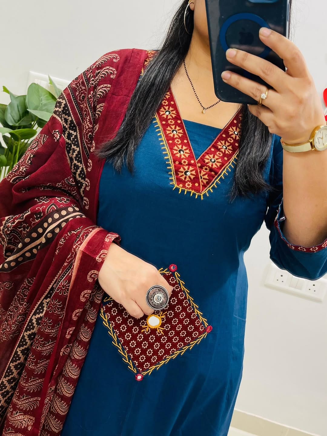 Teal Blue Embroidered Kurti Set with Contrast Maroon Ajrakh Dupatta