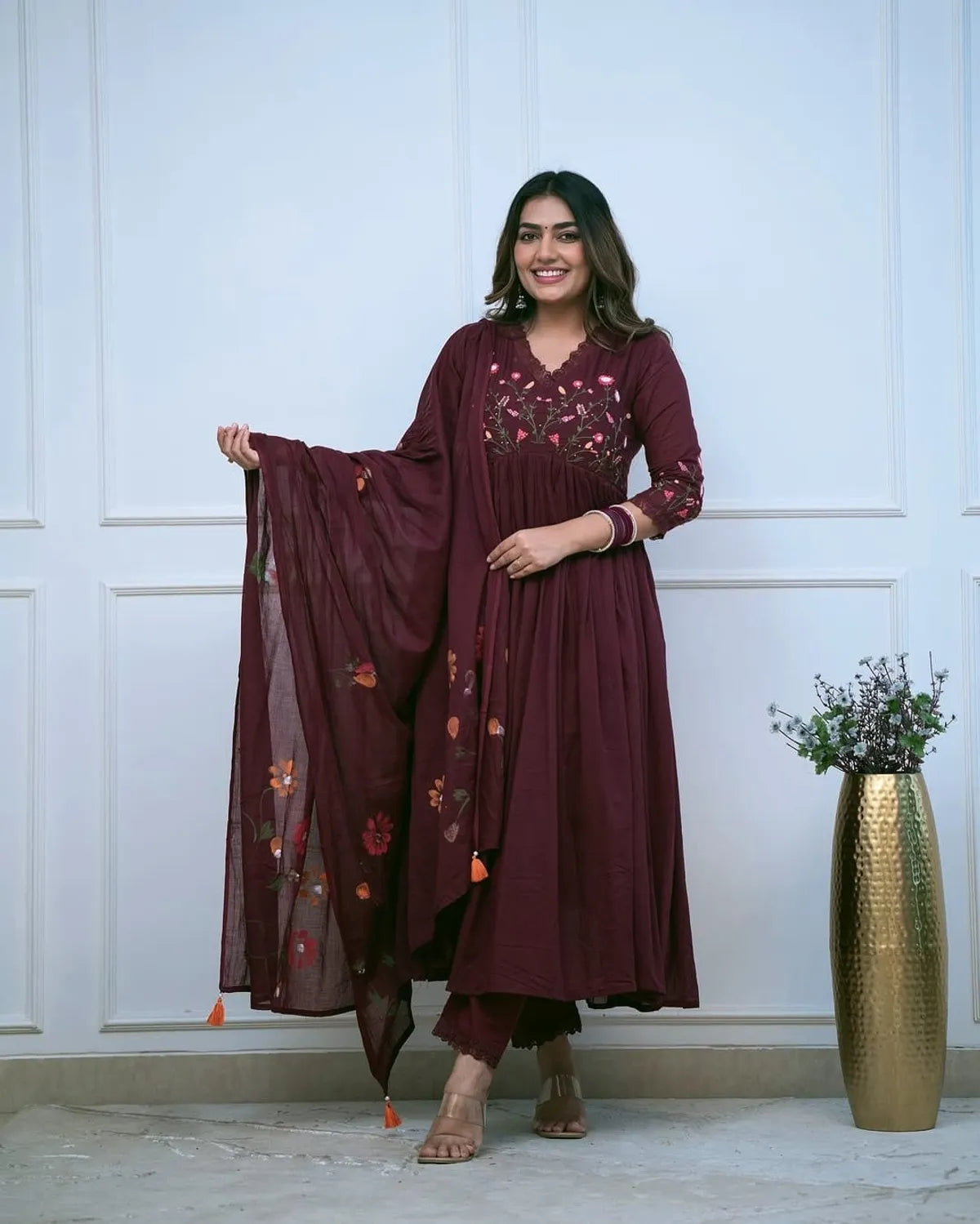 Maroon Embroidered Anarkali Kurta Set with Dupatta