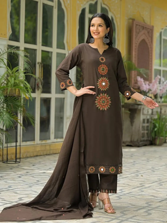 Brown Embroidered Kurta Set with Dupatta