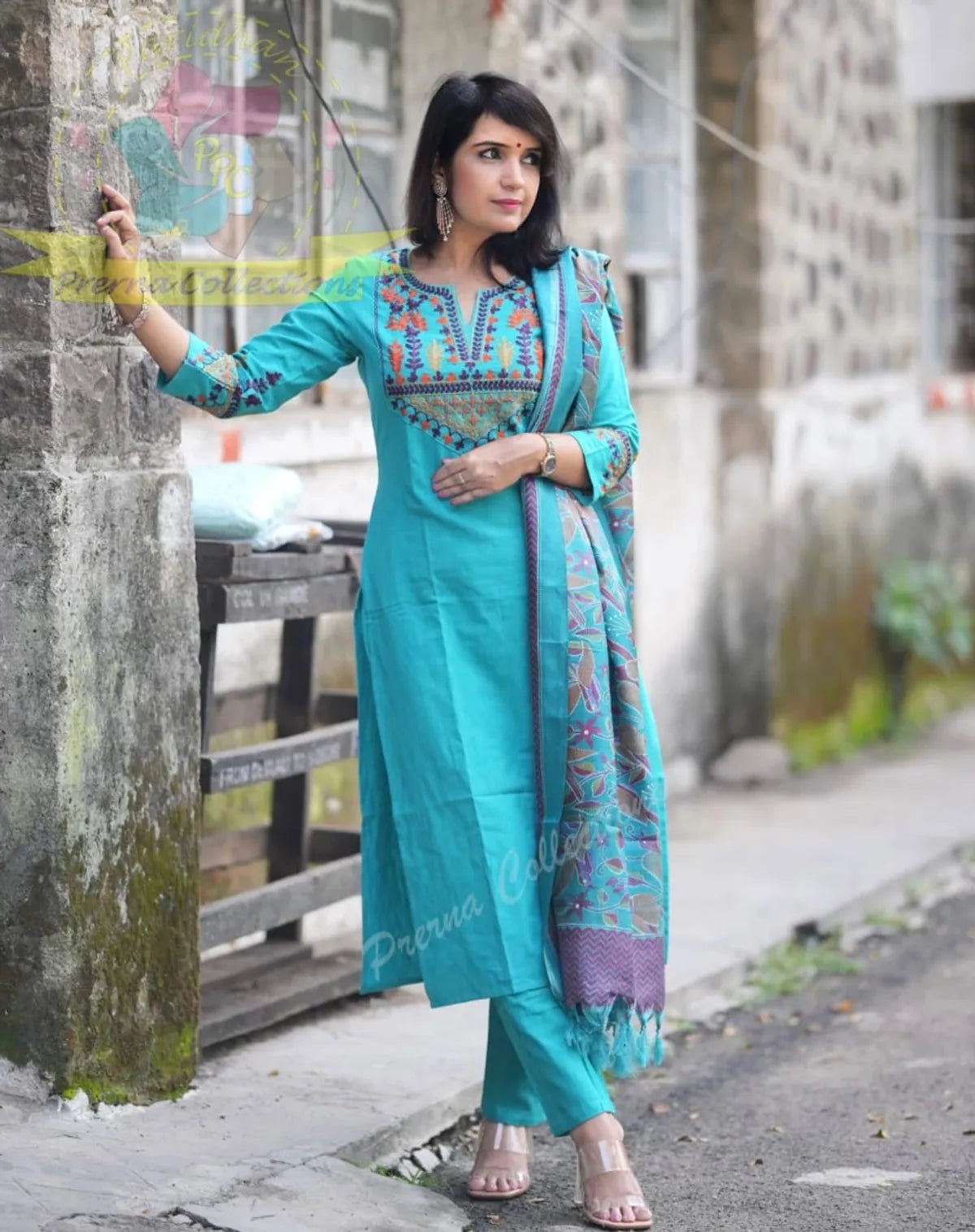 Jaipuri Turquoise Blue Embroidered Cotton Suit Set with Printed Dupatta – Elegant Ethnic Wear for Women