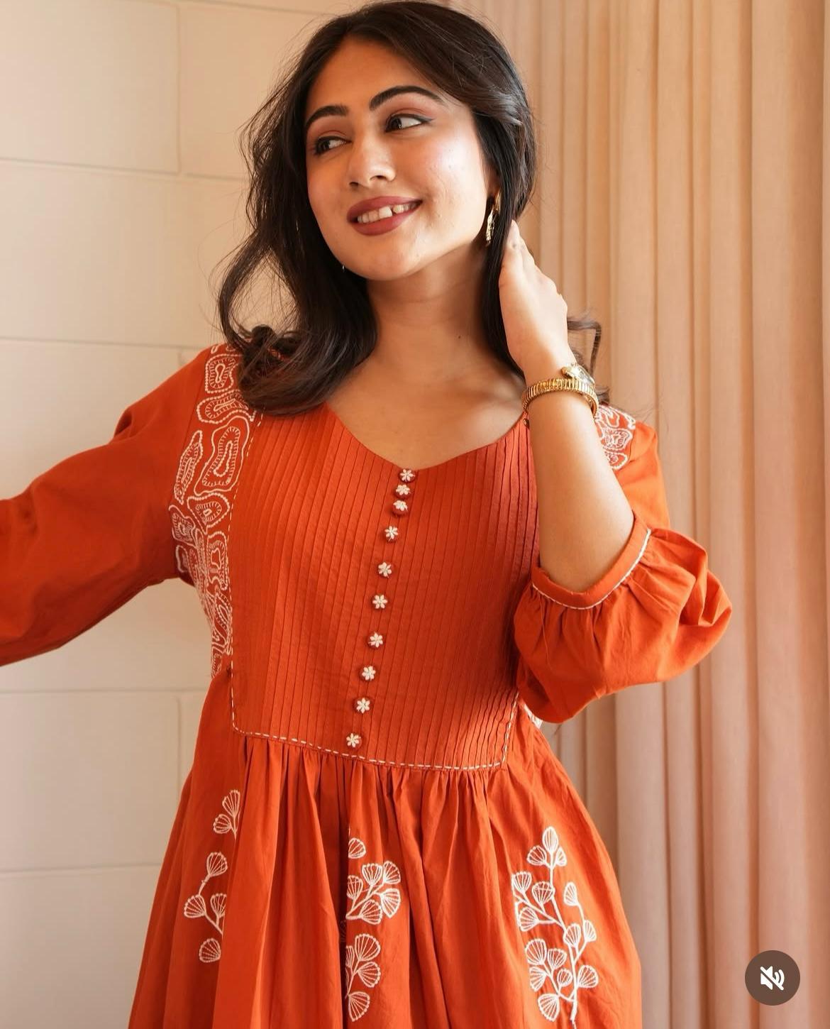 Orange Embroidered Kurta Set with Dupatta For Woman