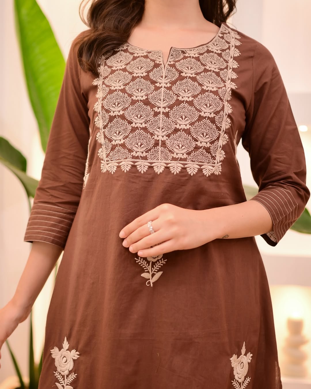 Mocha Brown Threadwork Cotton Suit