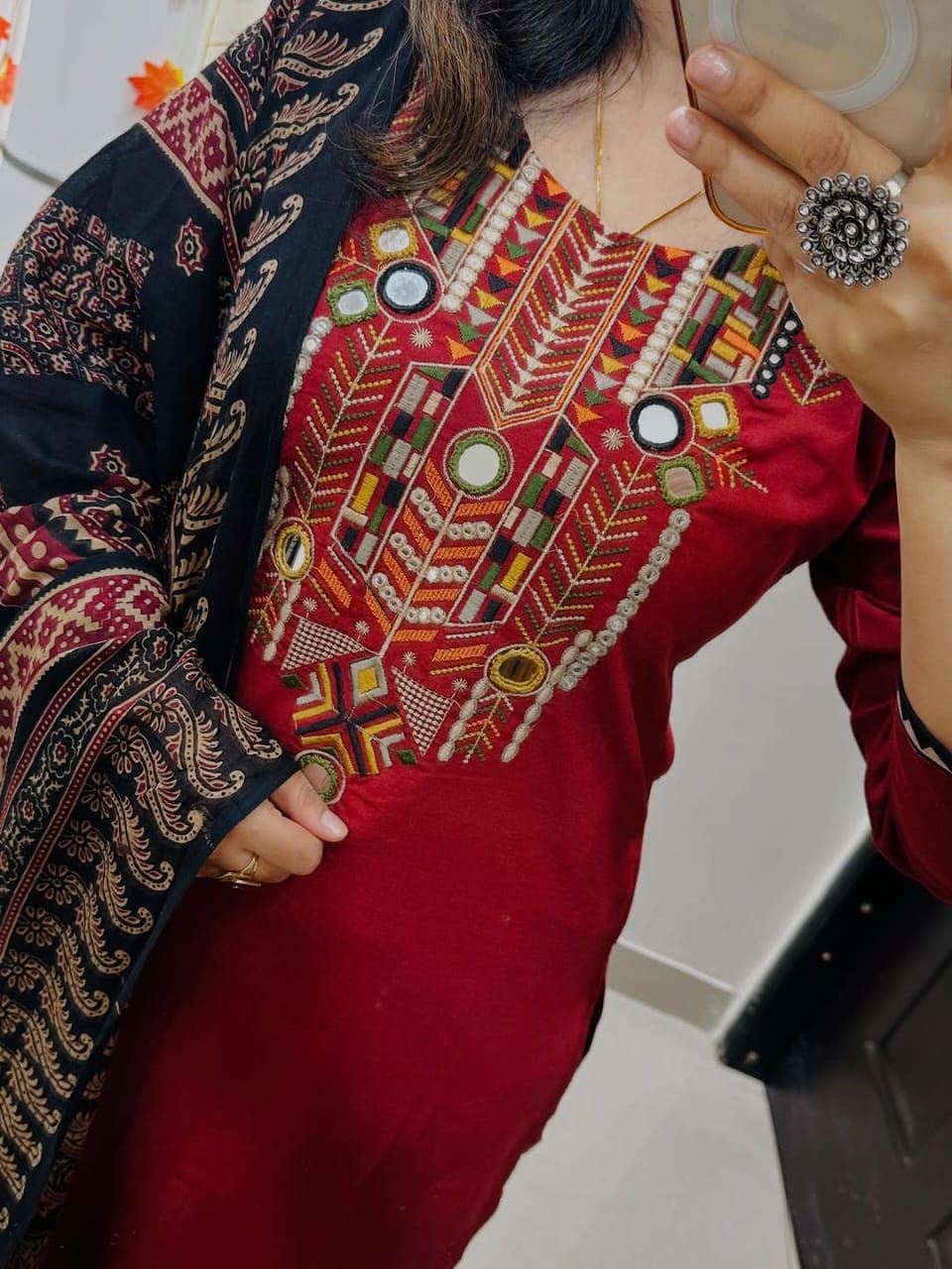 Jaipuri Red Hand-Embroidered Kurta Set with Ajrakh Print Dupatta