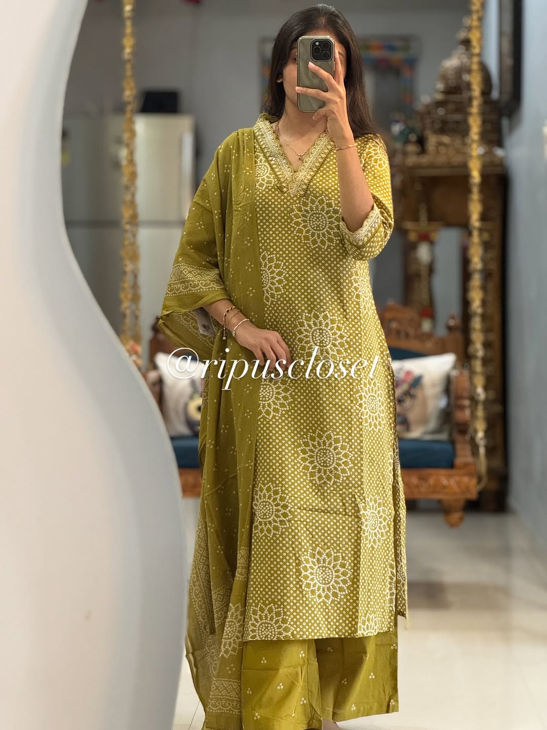 Olive Green Bandhani Cotton Suit Set with Dupatta