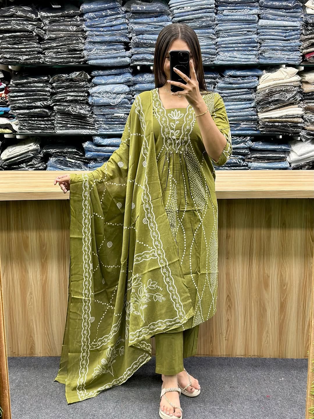 Light Green Bandhani Cotton Suit Set with Dupatta