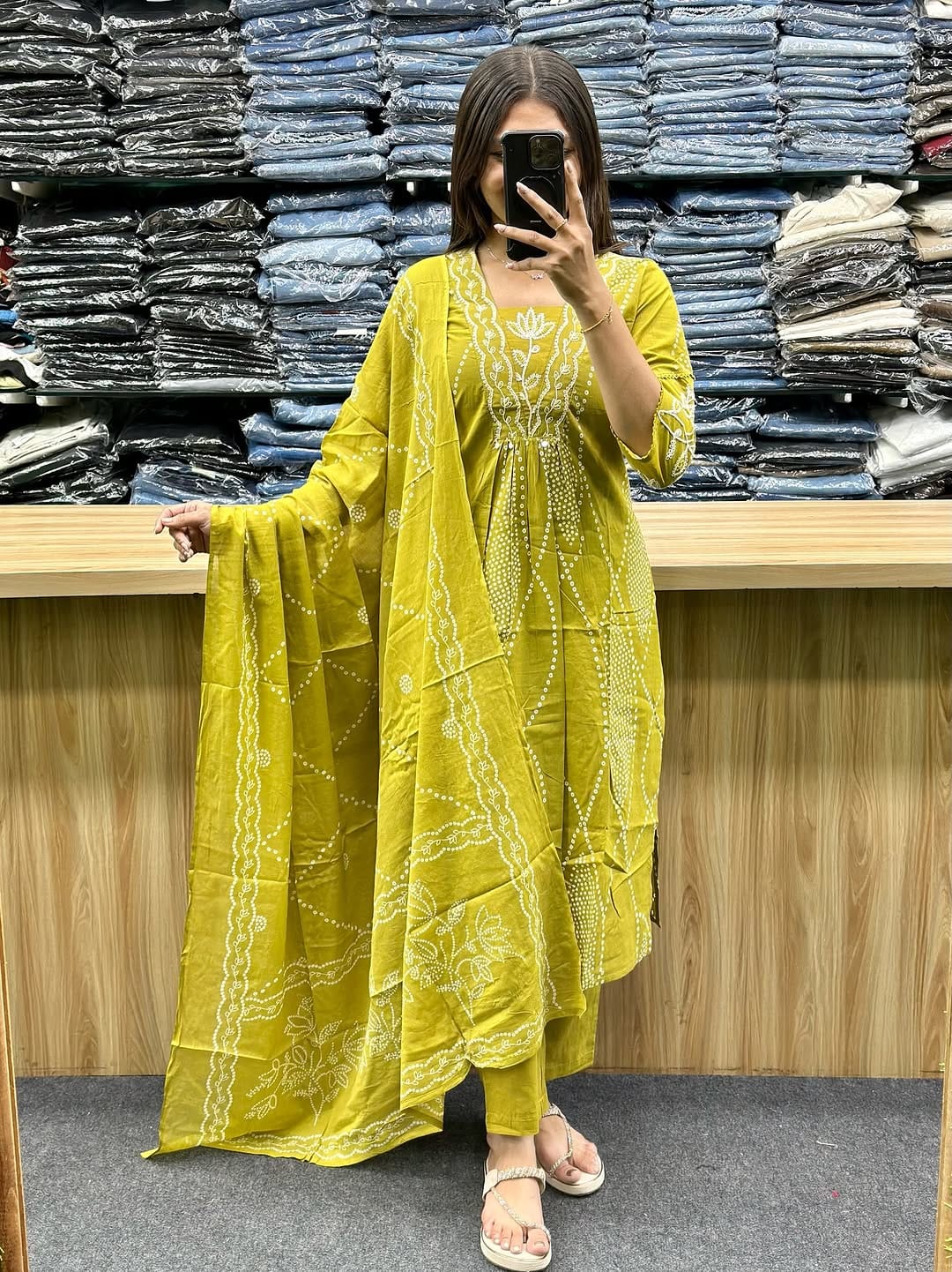 Yellow Bandhani Cotton Suit Set with Dupatta