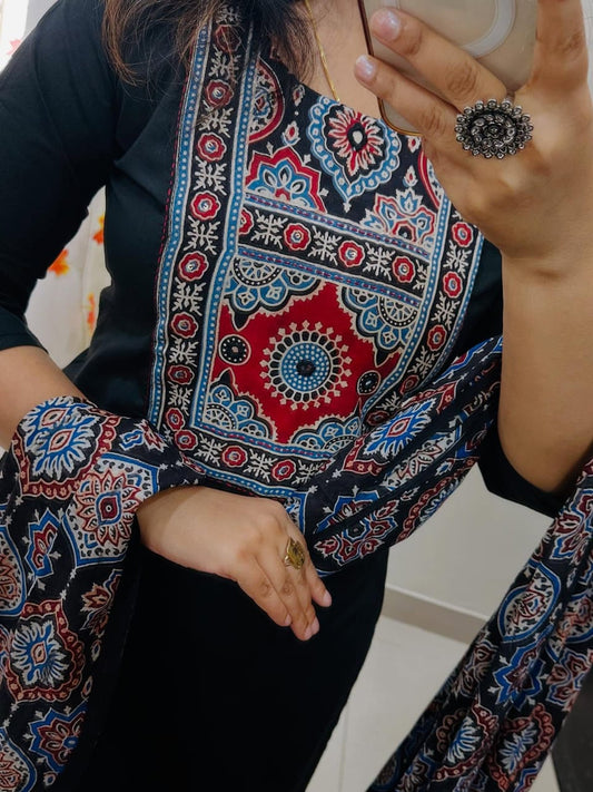 Elegant black Cotton Suit with Ajrak Print Dupatta
