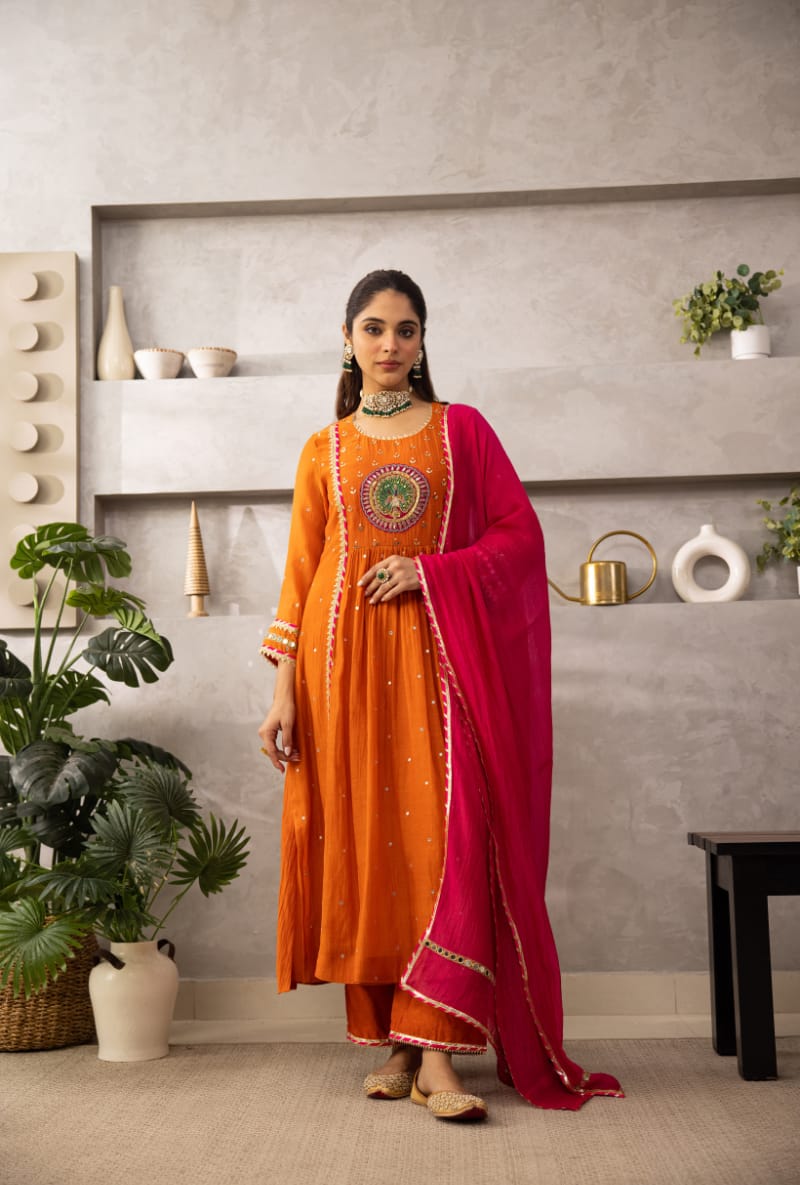 Radiant Orange Anarkali Set with Pink Dupatta