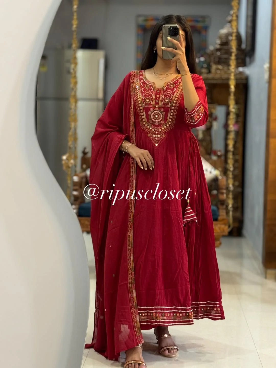 Maroon Mirror-Work Anarkali Kurta Set with Dupatta