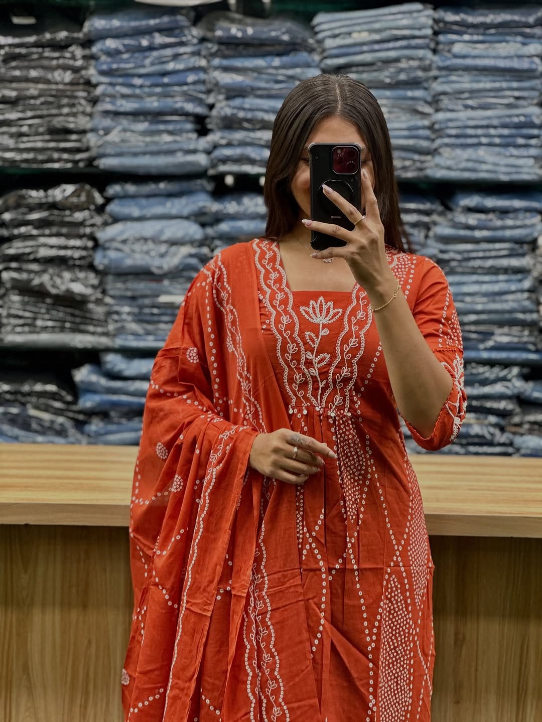 Rust Orange Bandhani Cotton Suit Set with Dupatta