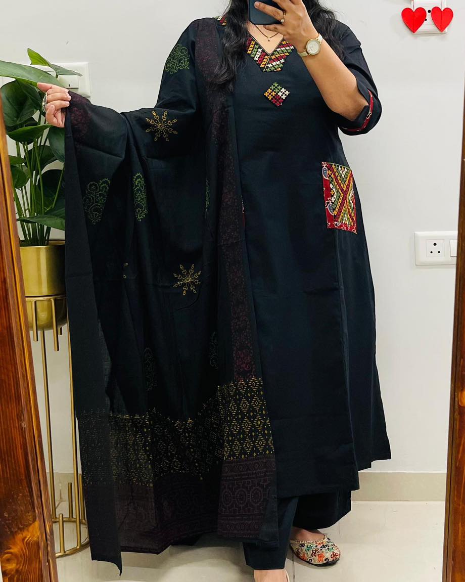 Classic Black Ethnic Kurta Set with Printed Dupatta