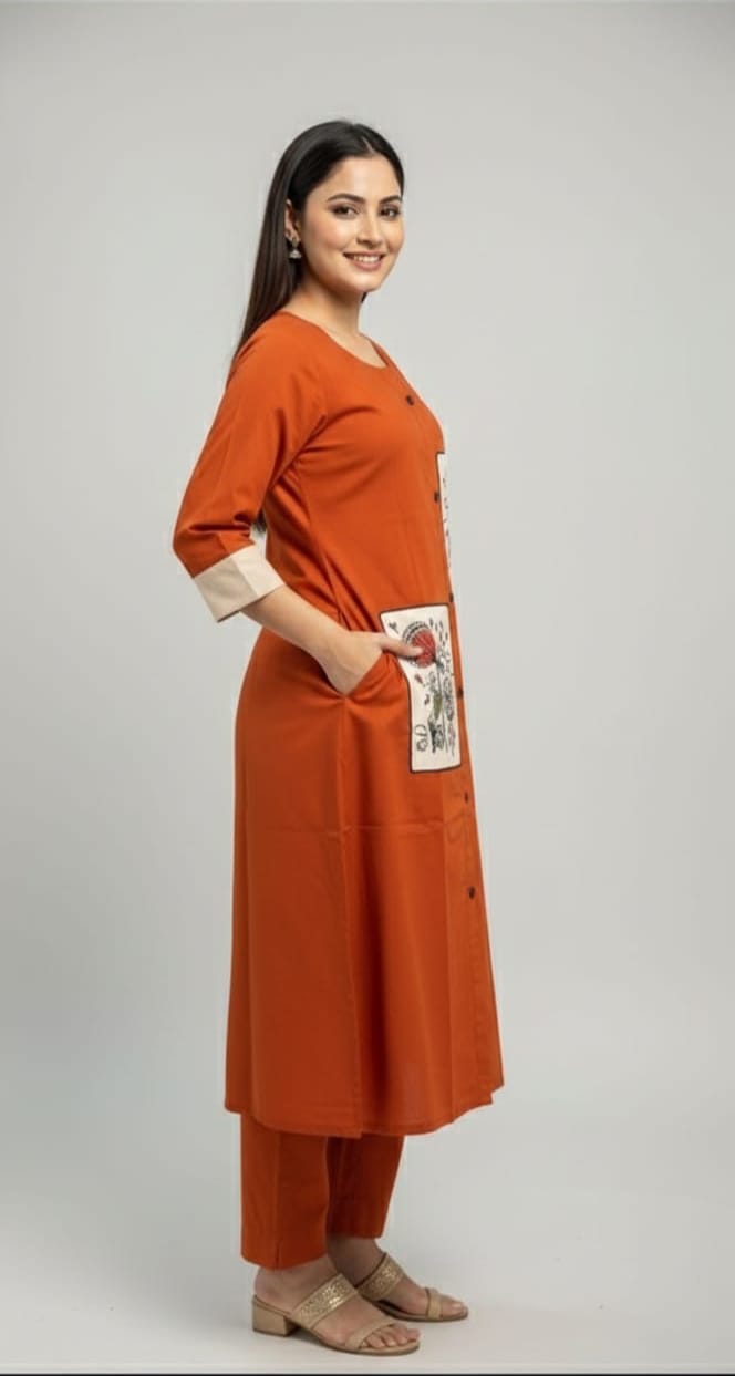 Rust Orange Kurta Set with Handcrafted Pocket Detail