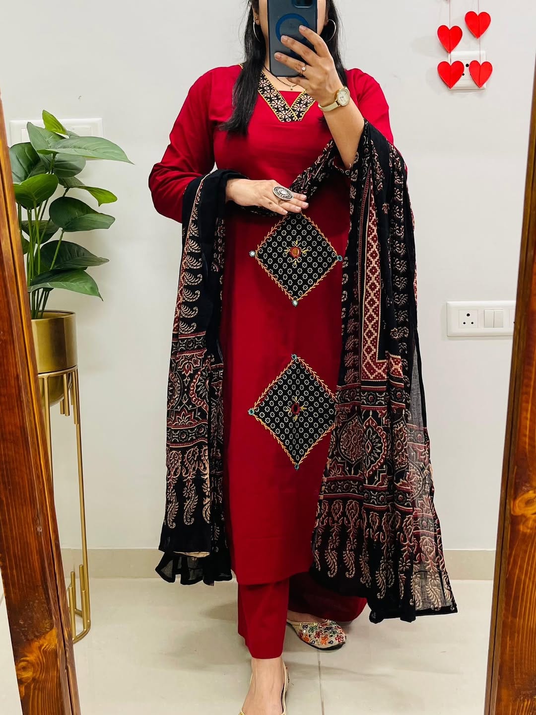 Red Kurta Set with Black Ajrakh Dupatta & Geometric Embroidery