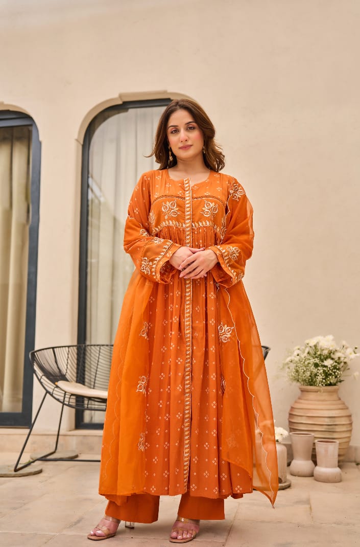 Radiant Rust Orange Embroidered Suit Set