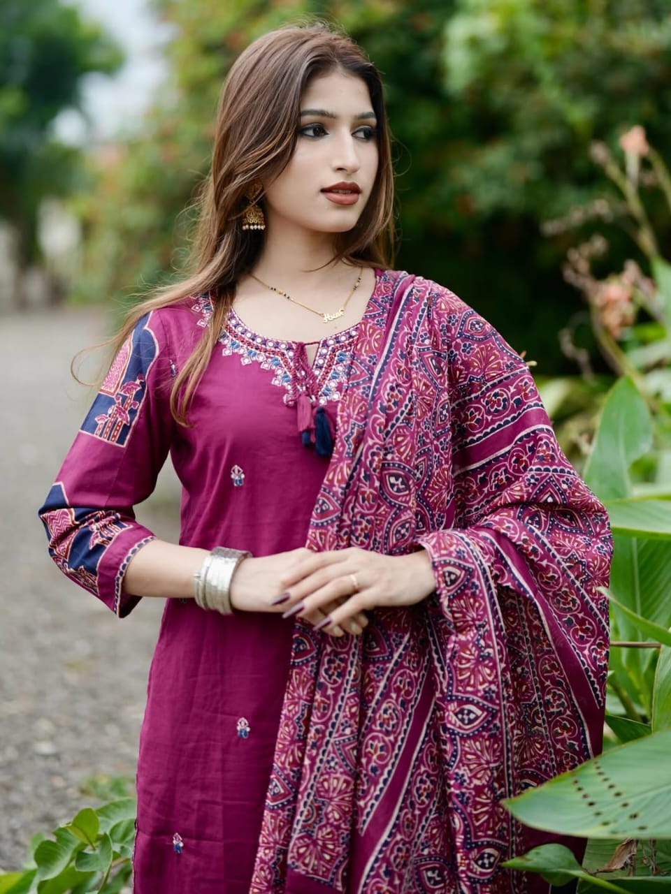 Magenta Printed Kurta Set with Traditional Ajrakh Dupatta