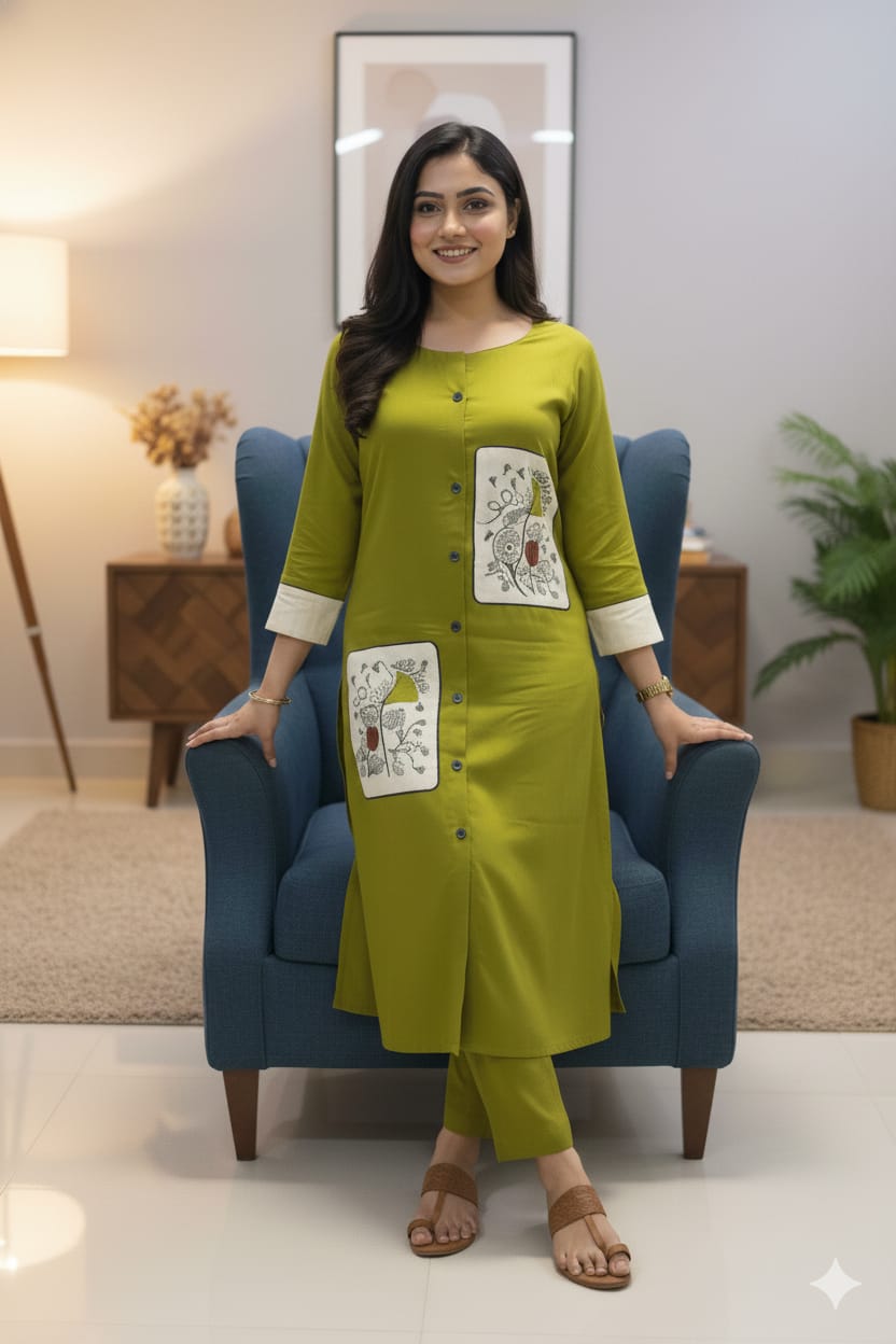 Olive Green Printed Panel Kurta Set