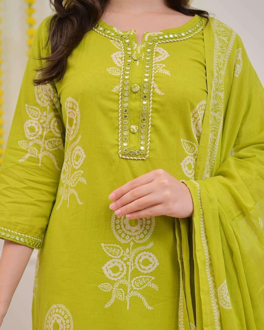Lime Green Printed Cotton Kurta Set with Dupatta