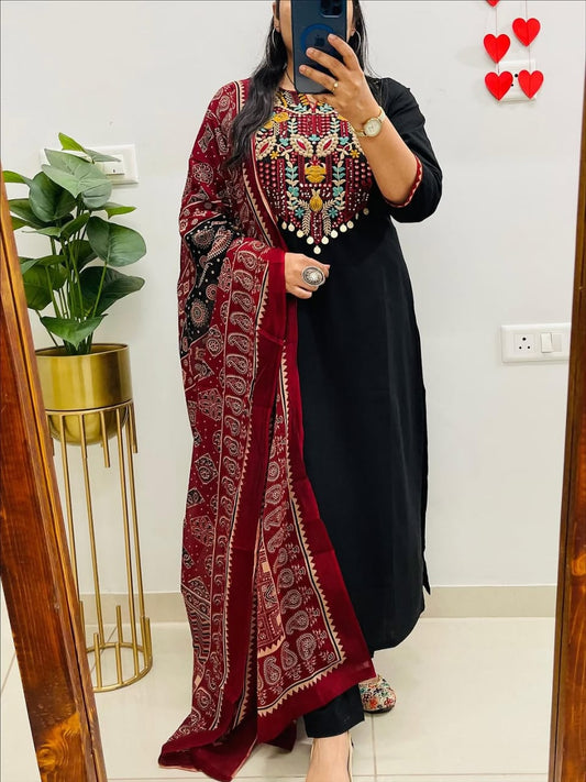 Black Multicolor Embroidered Kurti Set with Ajrakh Print Dupatta