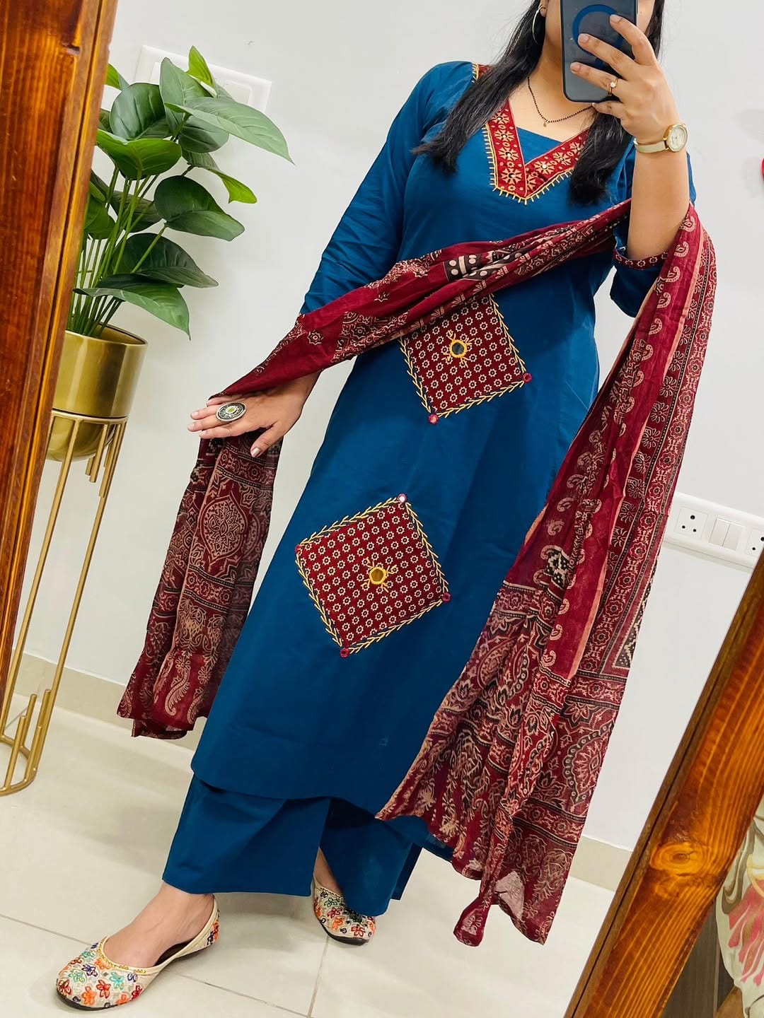 Teal Blue Embroidered Kurti Set with Contrast Maroon Ajrakh Dupatta