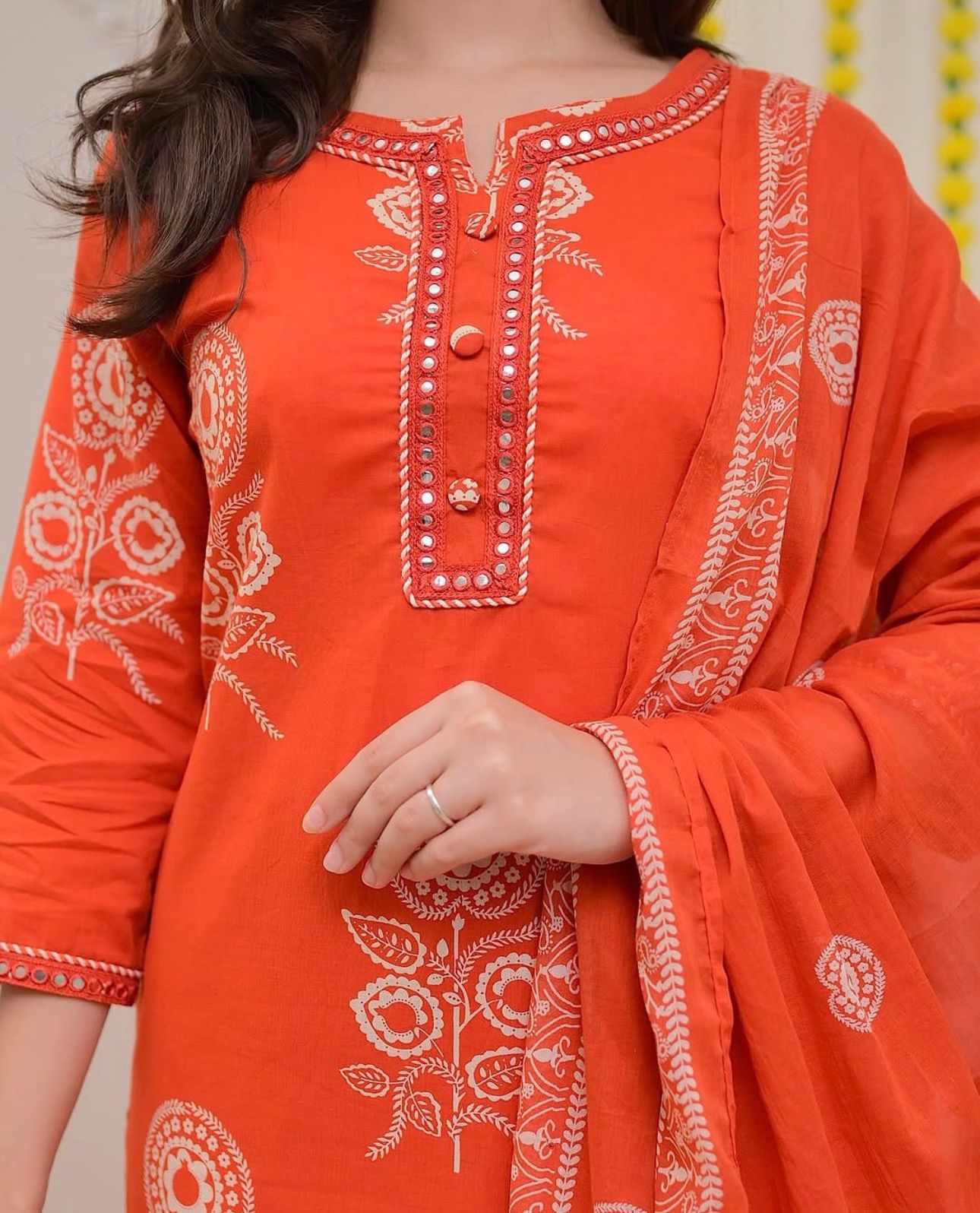 Elegant Orange Printed Cotton Suit Set