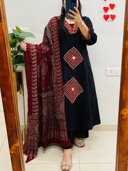 Black Embroidered Kurti Set with Maroon Ajrakh Dupatta