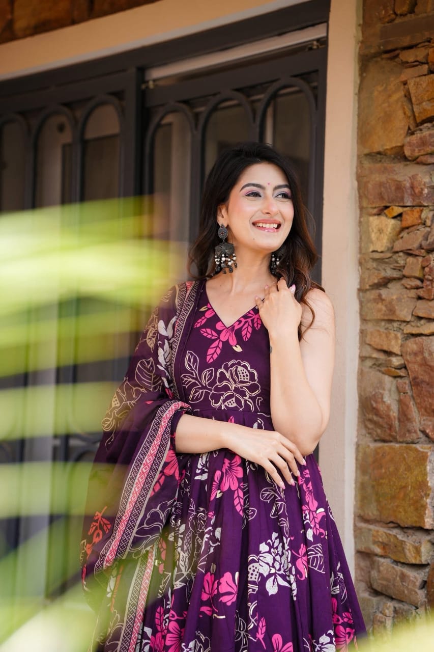 Elegant Purple Floral Anarkali Set with Printed Dupatta