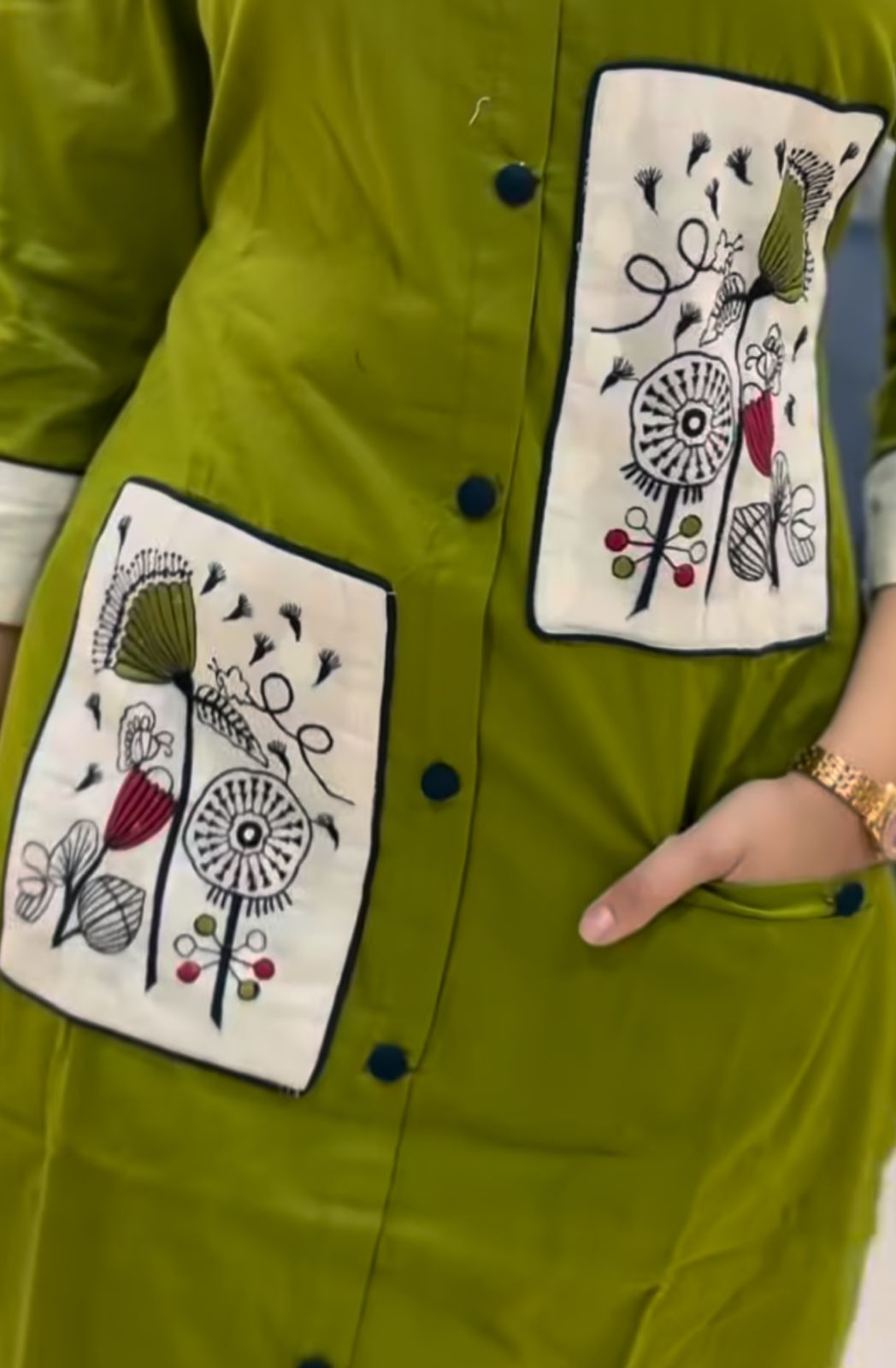 Olive Green Printed Panel Kurta Set