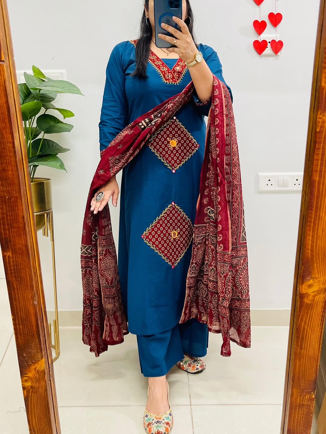 Teal Blue Embroidered Kurti Set with Contrast Maroon Ajrakh Dupatta