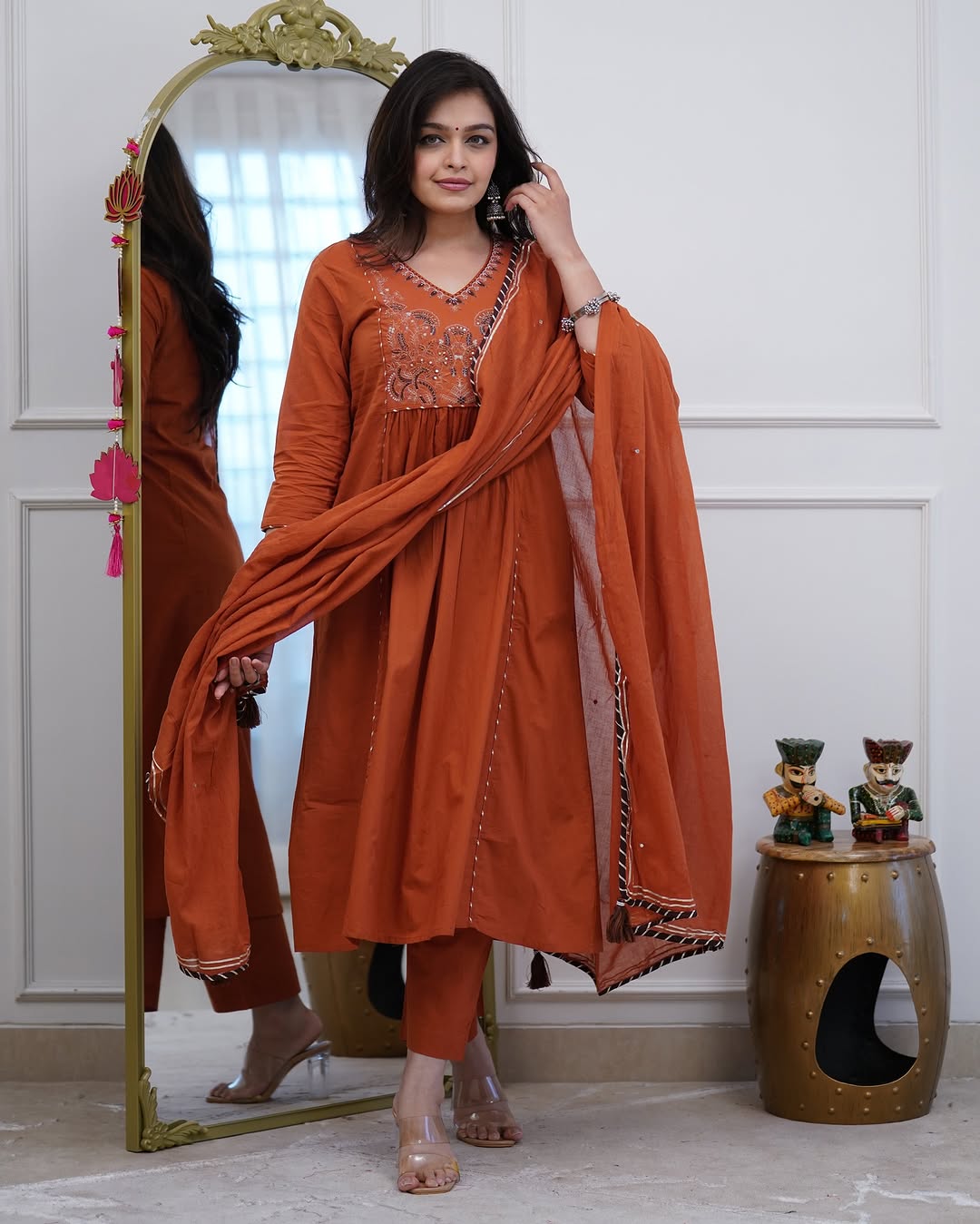 Rust Orange Embroidered Anarkali Suit with Matching Dupatta