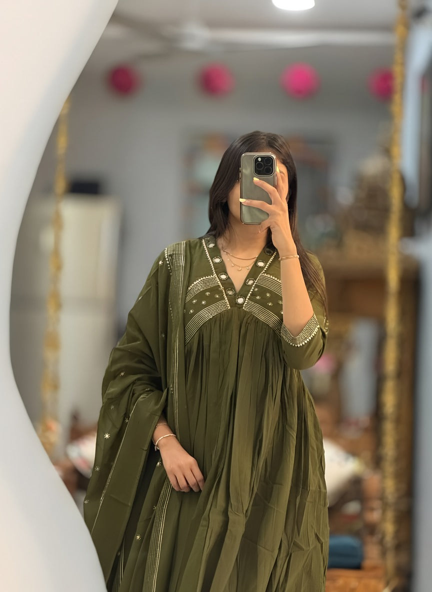 Olive Regal Flare Ethnic Suit Set