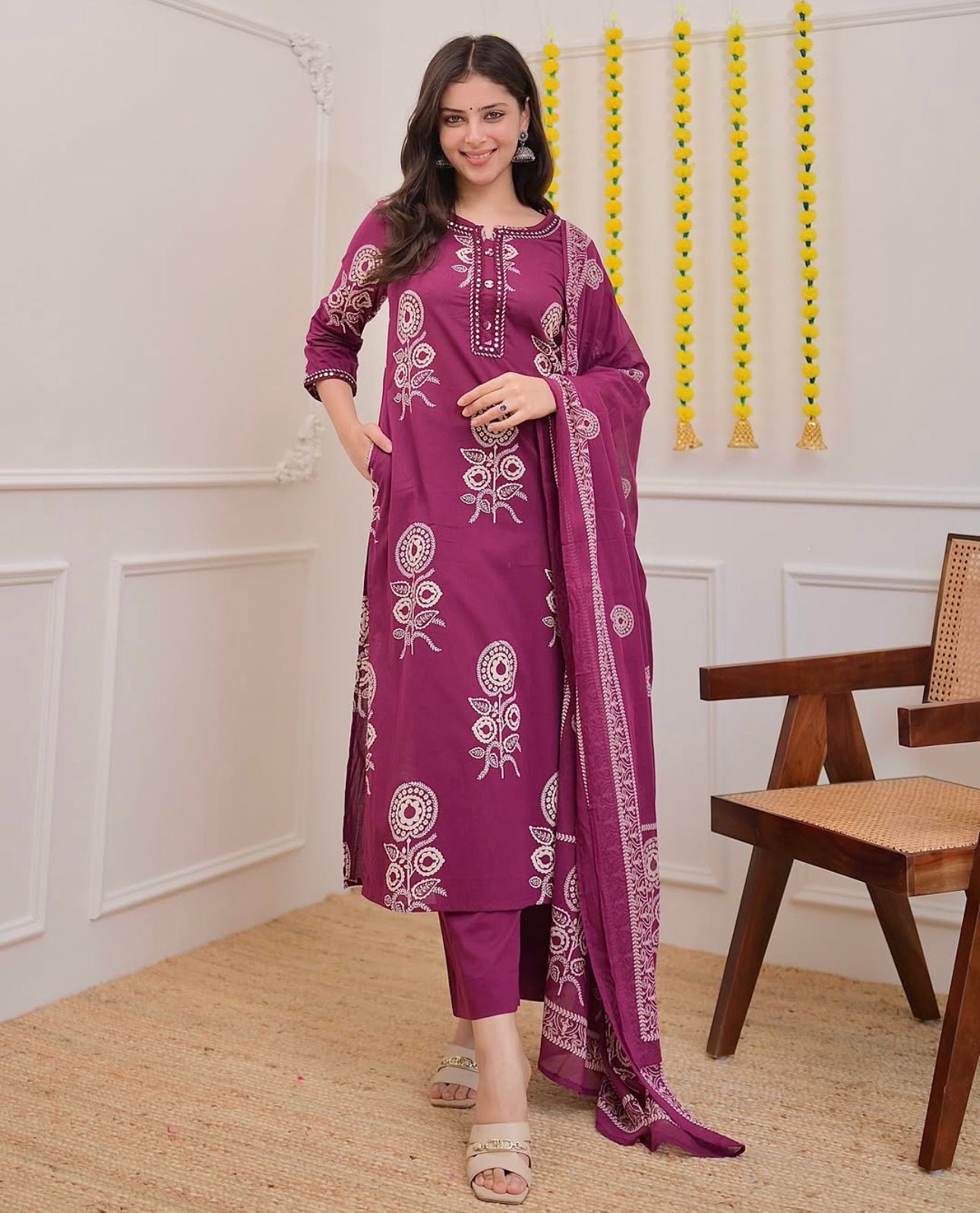 Elegant Plum Purple Printed Cotton Kurta Set with Dupatta