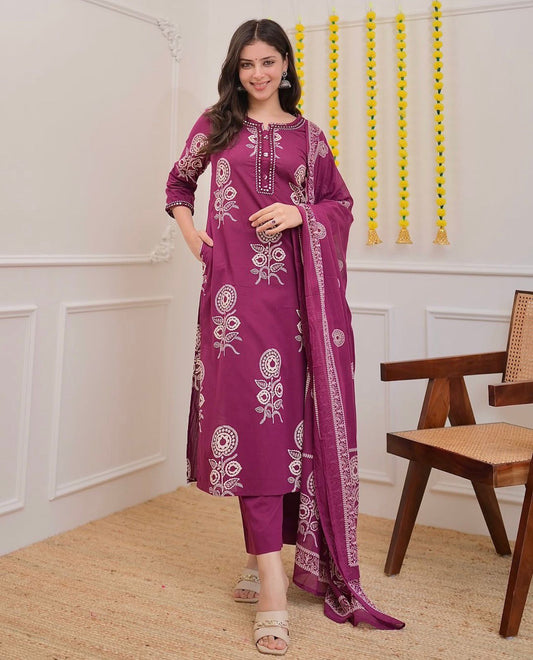 Elegant Plum Purple Printed Cotton Kurta Set with Dupatta