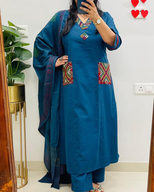 Blue Handcrafted Kurta Set with Printed Dupatta
