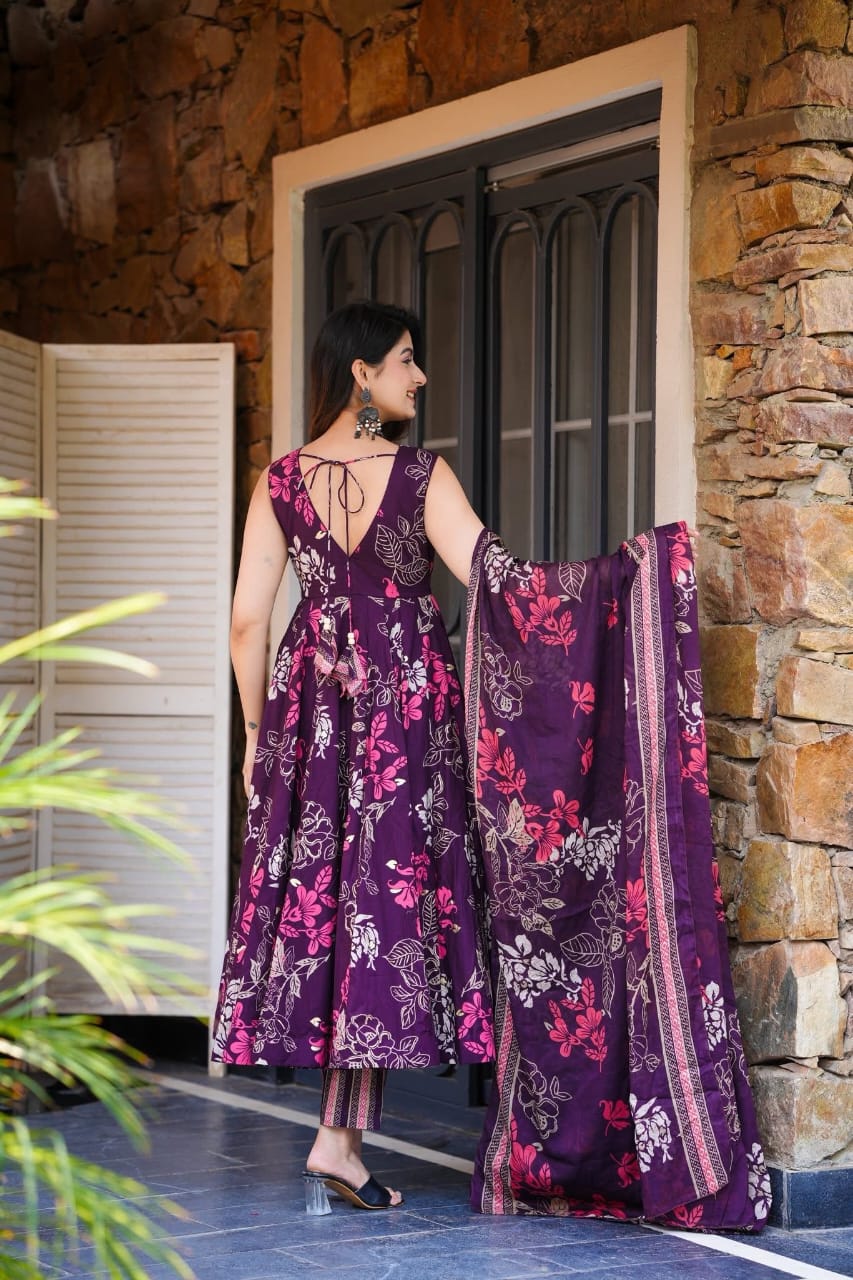 Elegant Purple Floral Anarkali Set with Printed Dupatta