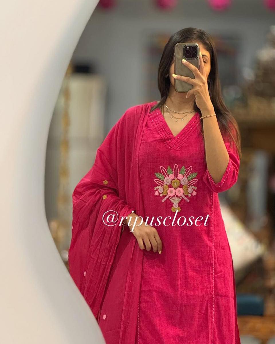 Vibrant Magenta Embroidered Kurta Set with Dupatta