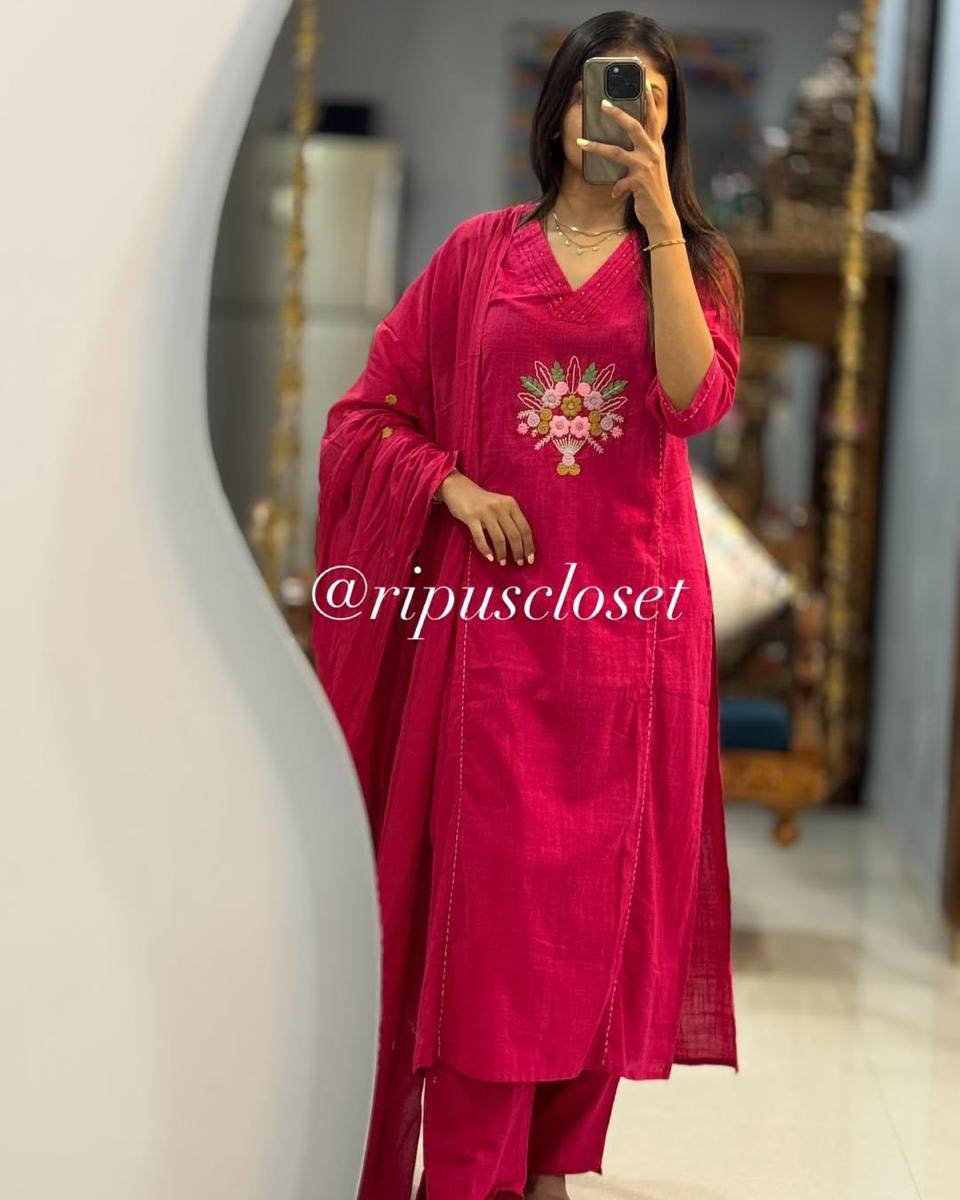 Vibrant Magenta Embroidered Kurta Set with Dupatta