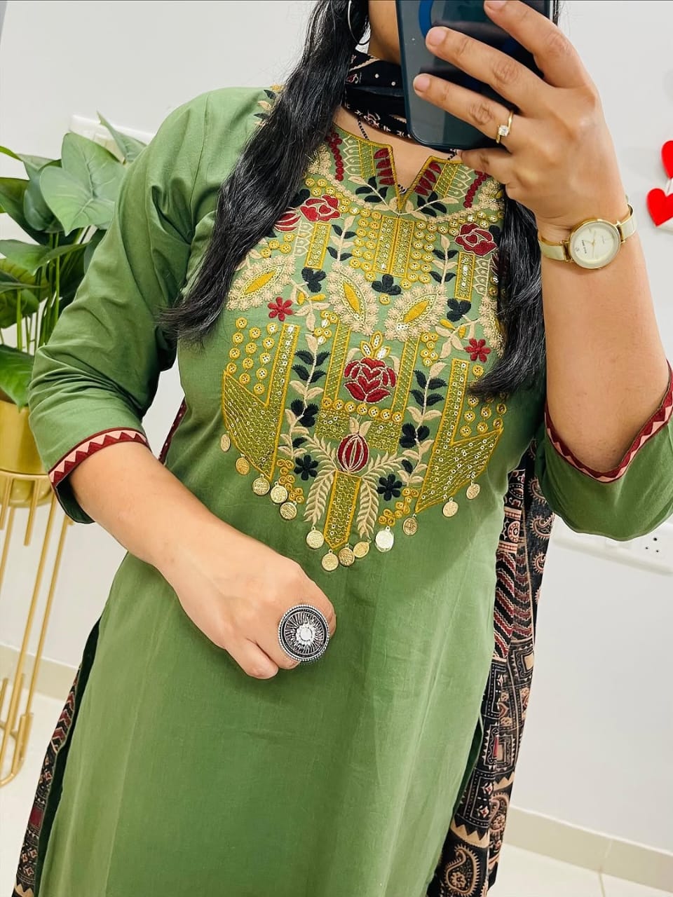 Elegant Green Embroidered Kurta Set with Premium Ajrakh Dupatta