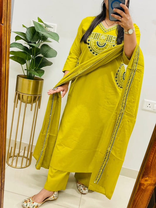 Mustard Yellow Embroidered Kurta Set with Matching Dupatta