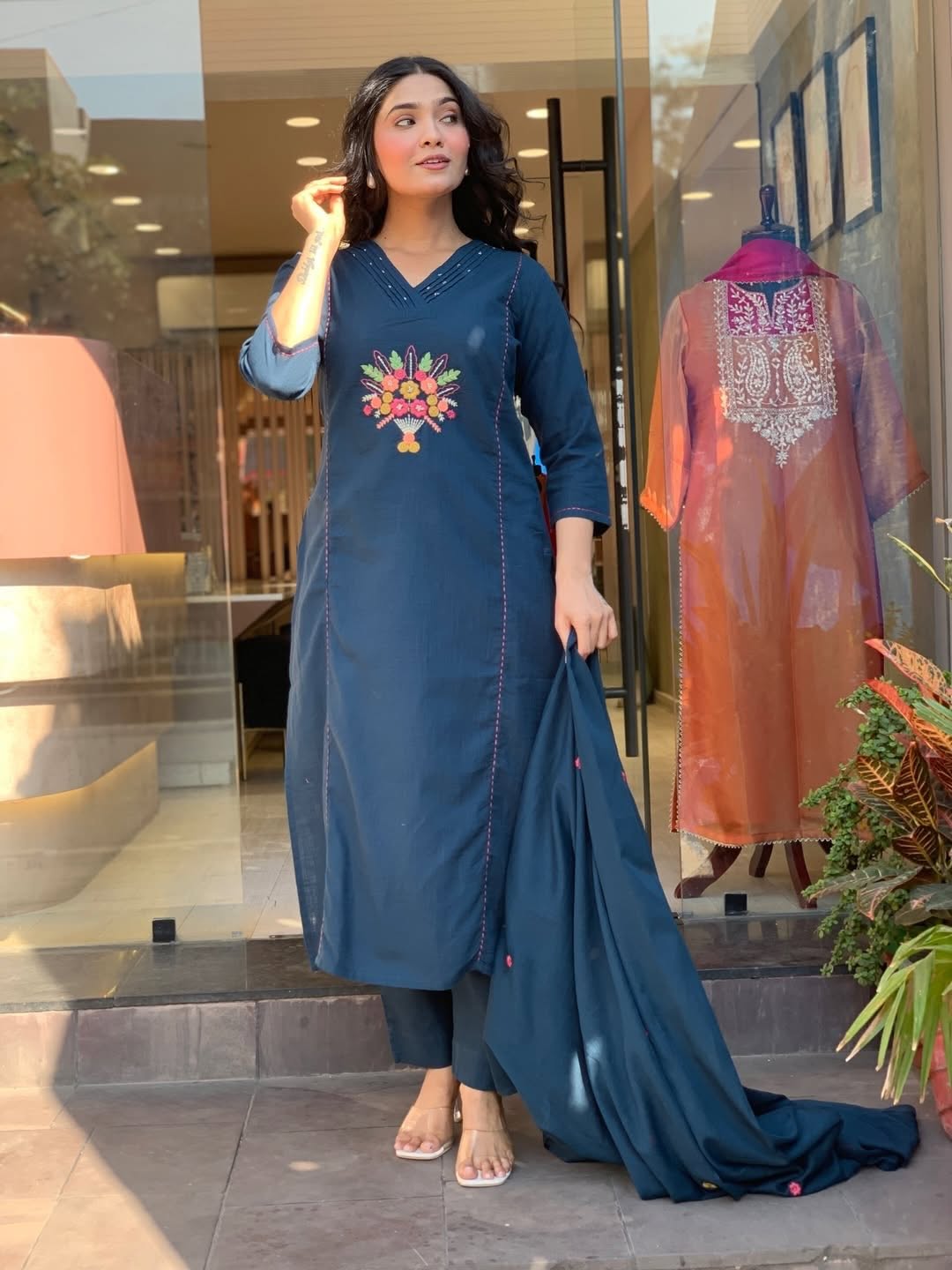 Elegant Navy Blue Embroidered Kurta Set with Dupatta