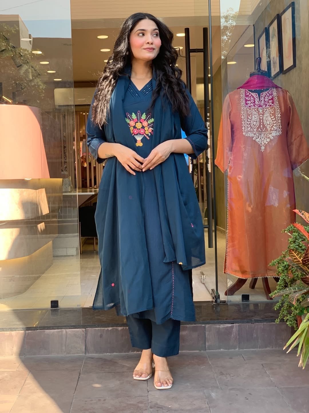 Elegant Navy Blue Embroidered Kurta Set with Dupatta