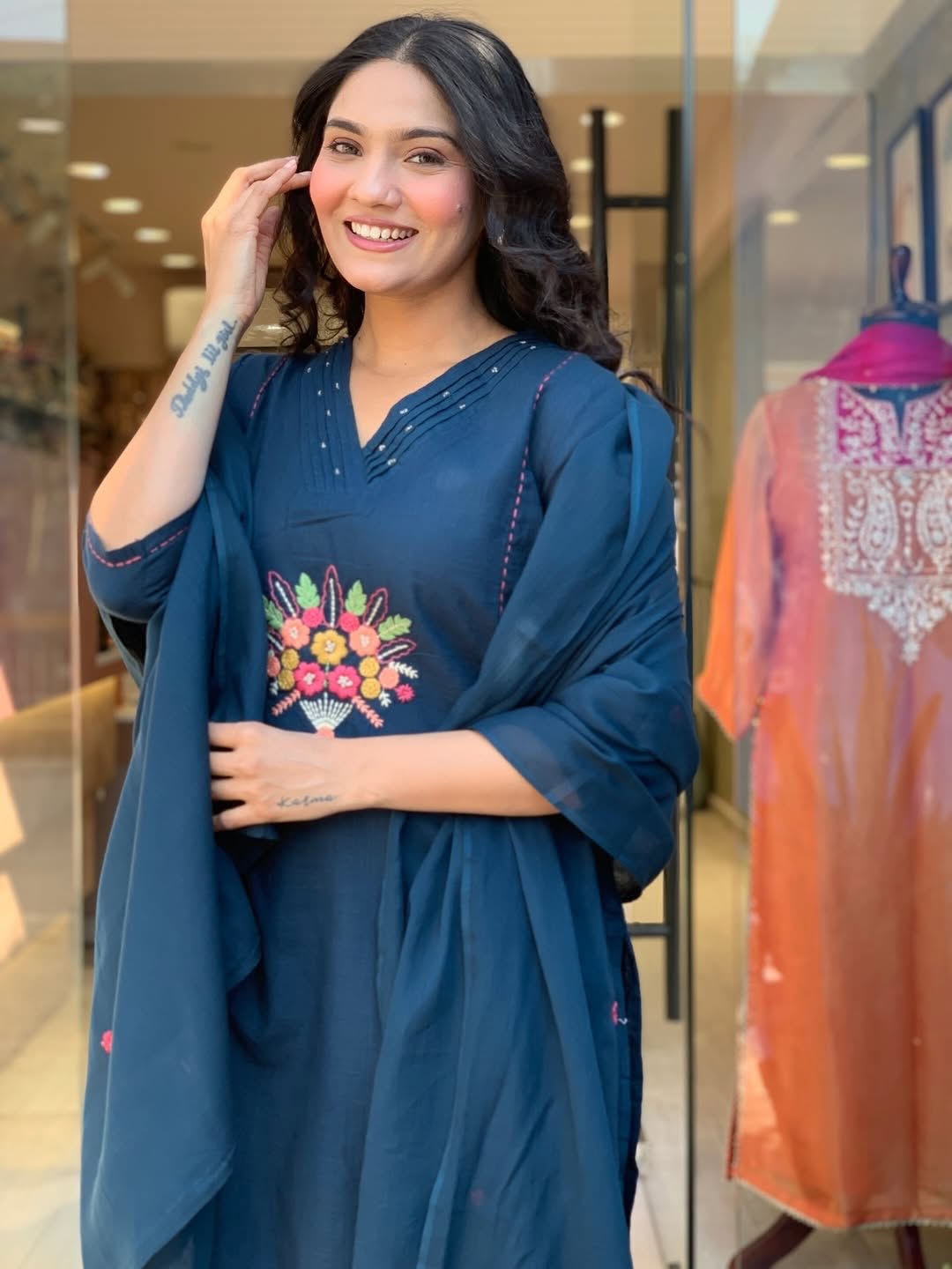 Elegant Navy Blue Embroidered Kurta Set with Dupatta