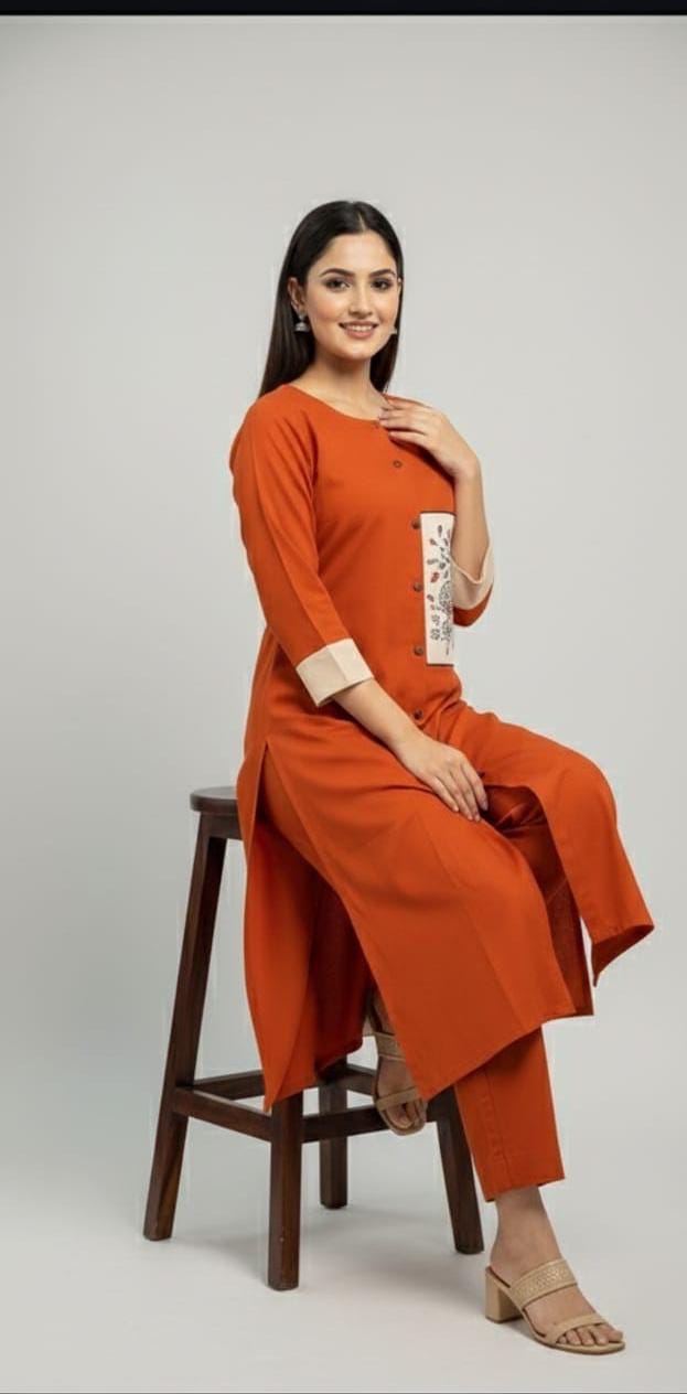 Rust Orange Kurta Set with Handcrafted Pocket Detail