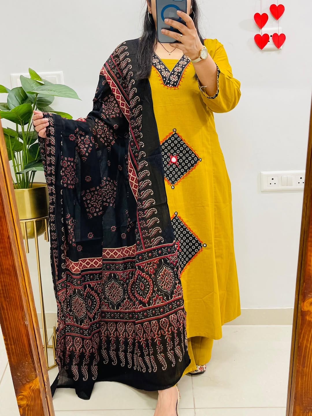 Mustard Yellow Patchwork Kurta Set with Ajrak Black Dupatta