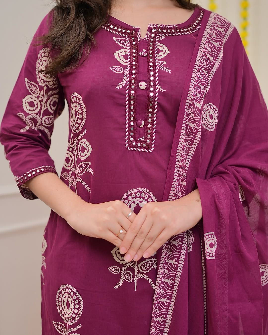 Elegant Plum Purple Printed Cotton Kurta Set with Dupatta